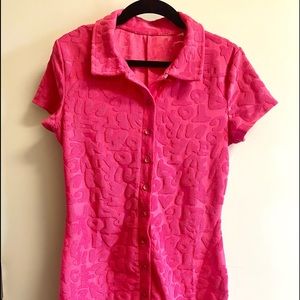 Lightweight cotton romper with word design, size medium